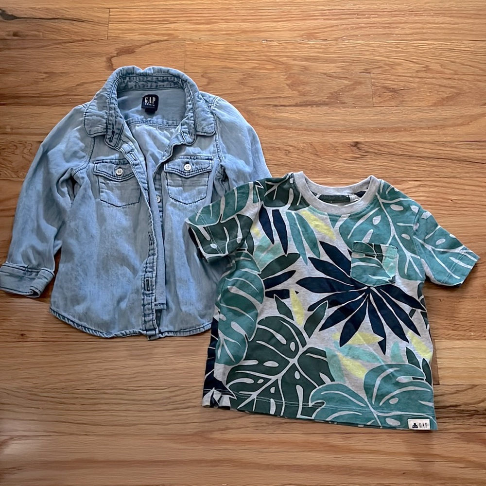 Baby Gap Lot Chambray Denim Button Down Tropical Rainforest Plant Pocket T Shirt